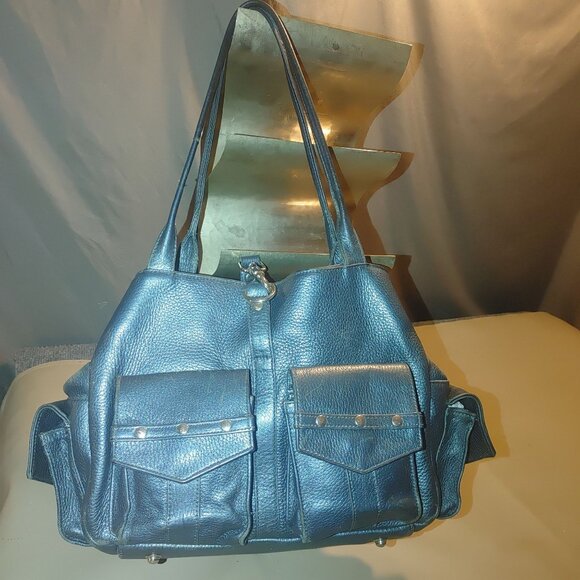Botkier Metallic Teal Leather Handbag Dual Front Pockets Snap Closure - Picture 3 of 10
